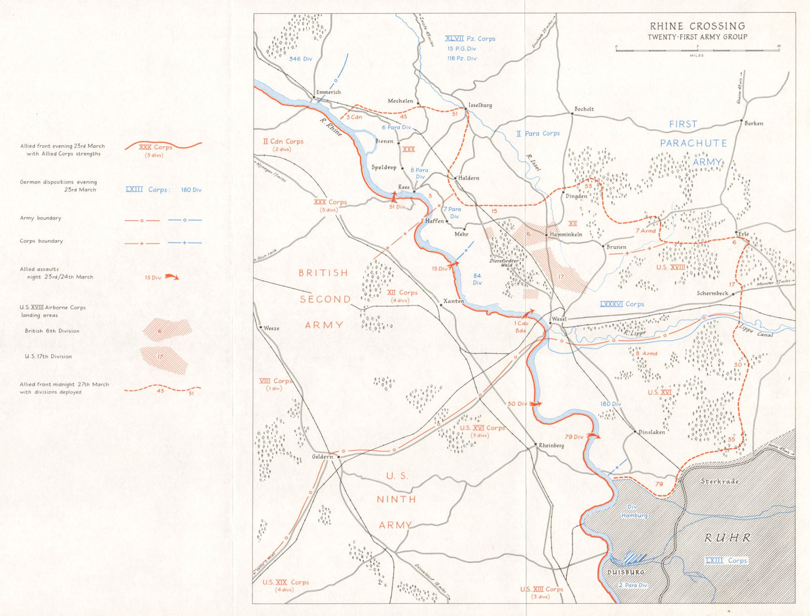 Allies advance. Rhine Crossing, 21st Army Group March 1945. Germany WW2 1968 map